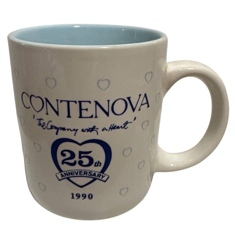 Contenova Mug 25th Anniversary 1990 Blue & White Heart Pattern Ceramic